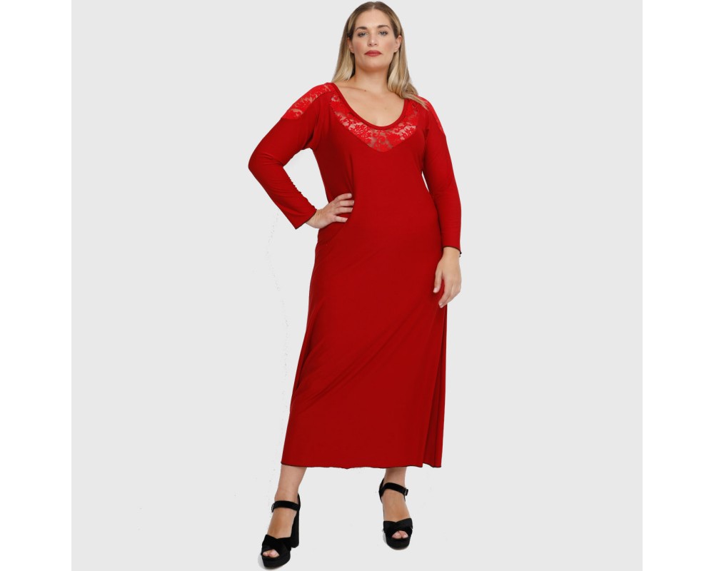 B22-123FD Long dress with lace on neck and shoulder - Dark red Plus Size