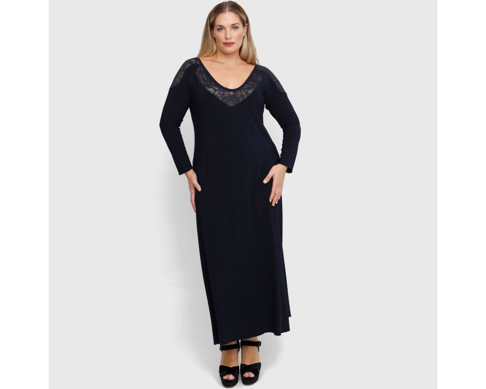 B22-123FD Long dress with lace on neck and shoulder - Navy Blue Plus Size