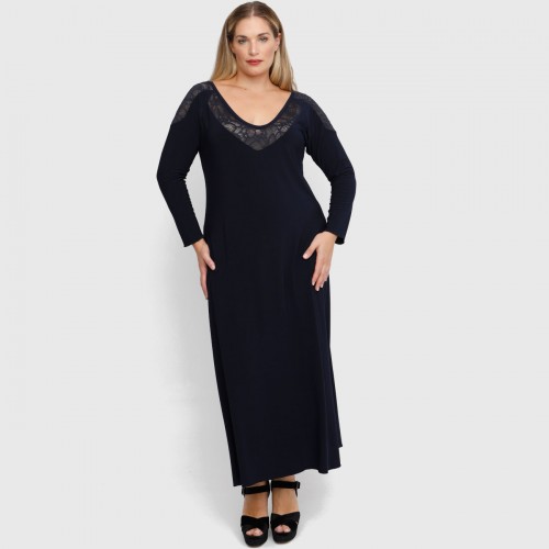 B22-123FD Long dress with lace on neck and shoulder - Navy Blue