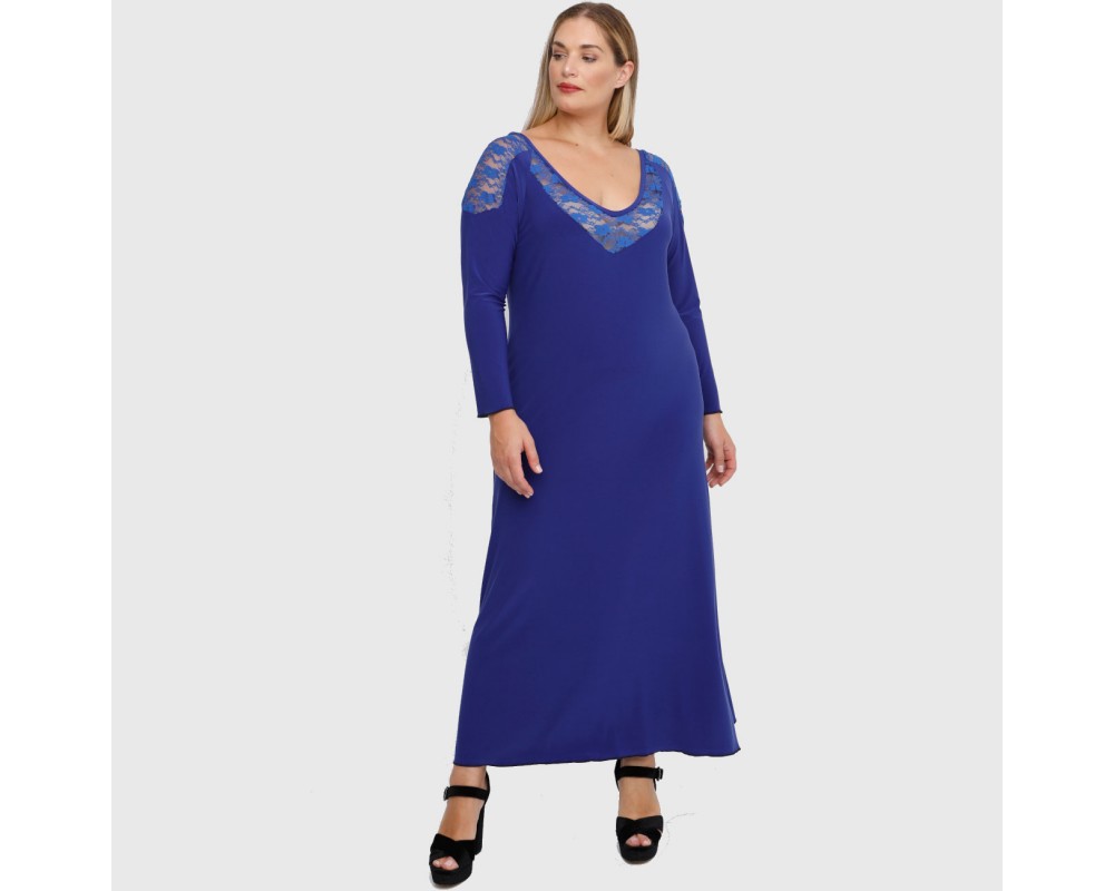 B22-123FD Long dress with lace on neck and shoulder - Royal Blue Plus Size