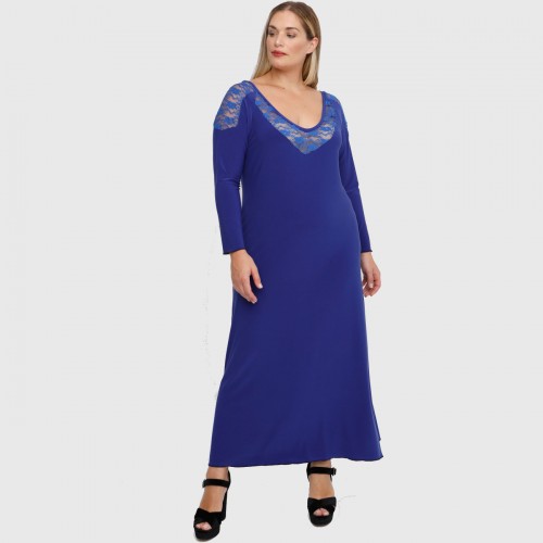 B22-123FD Long dress with lace on neck and shoulder - Royal Blue