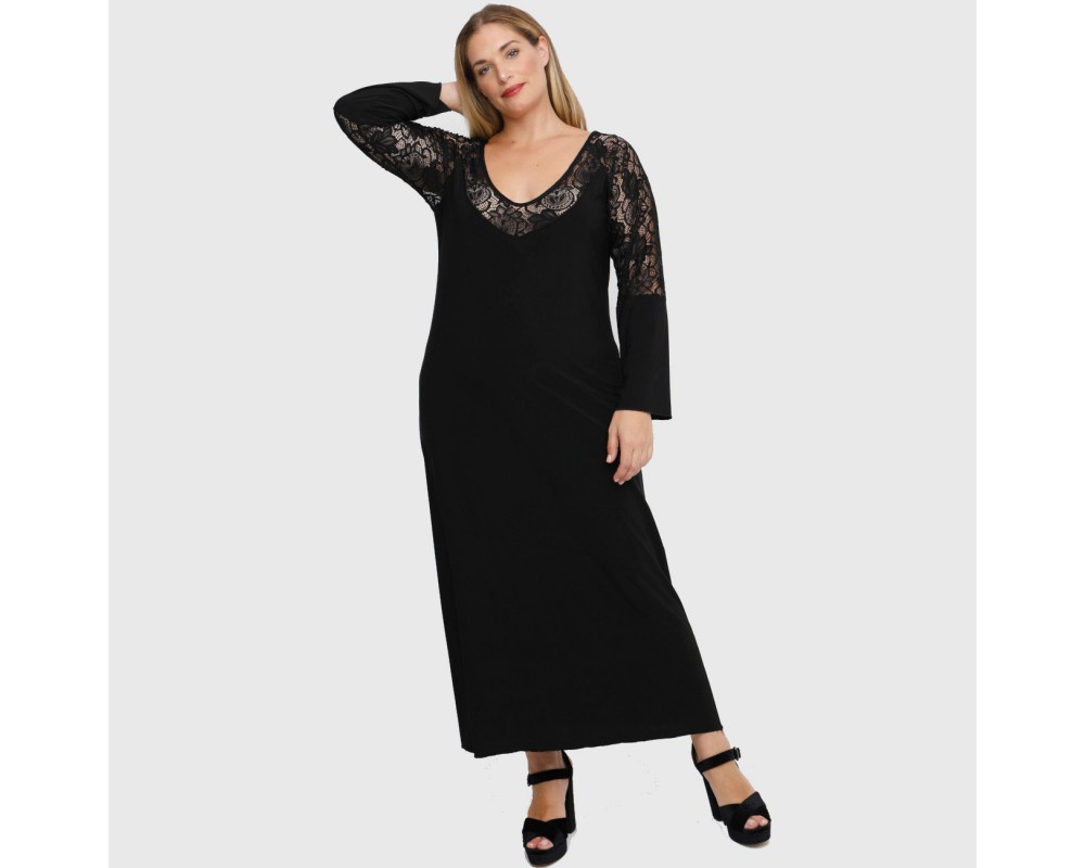 B22-123FKD Long dress with lace on neck and sleeves Plus Size