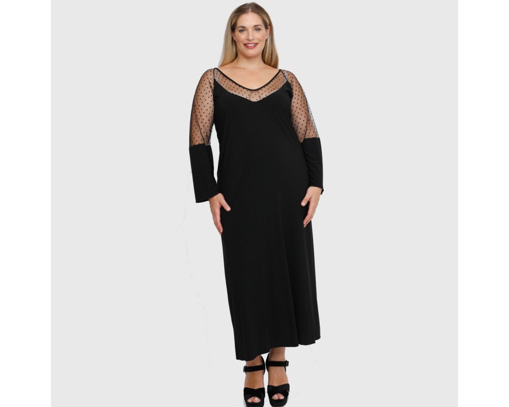 B22-123FKT Long dress with tulle on neck and sleeves Plus Size