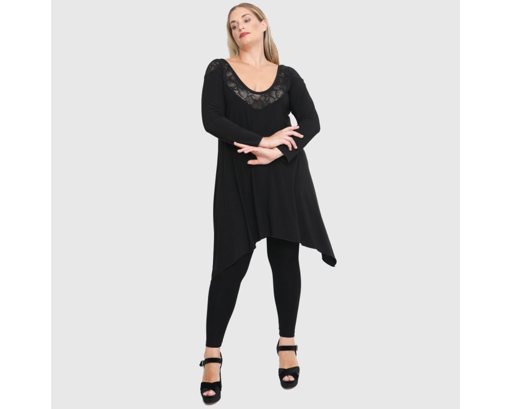 B22-182D Blousedress with lace on neck and shoulders - Black Plus Size