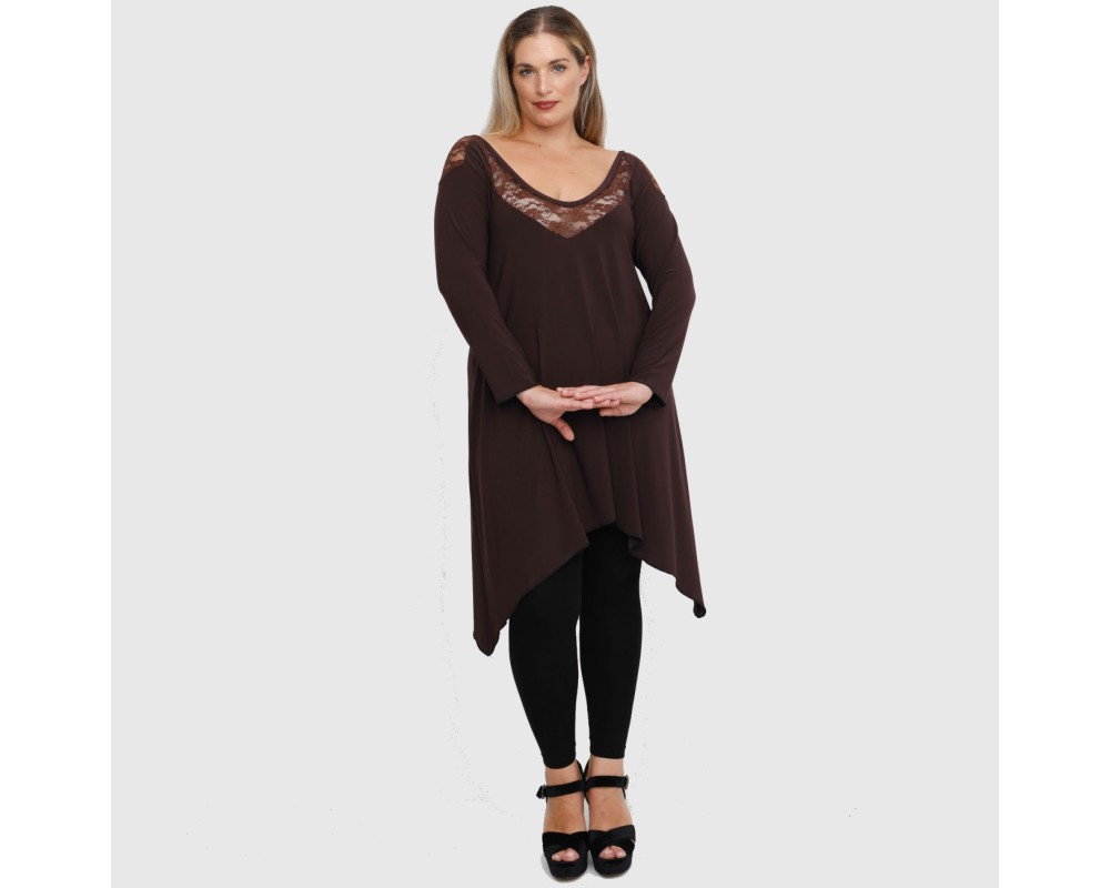 B22-182D Blousedress with lace on neck and shoulders - Brown Plus Size