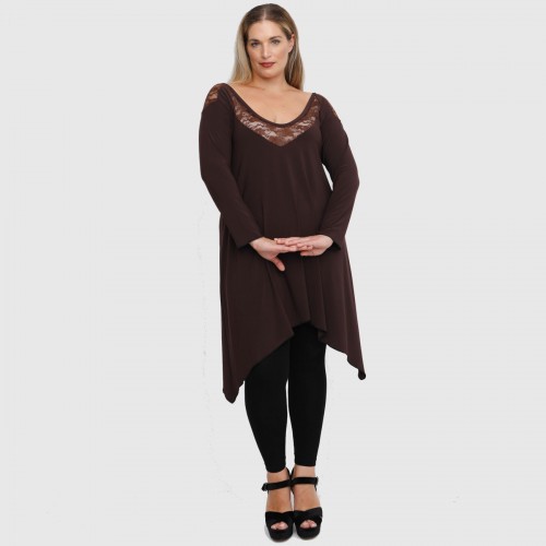 B22-182D Blousedress with lace on neck and shoulders - Brown