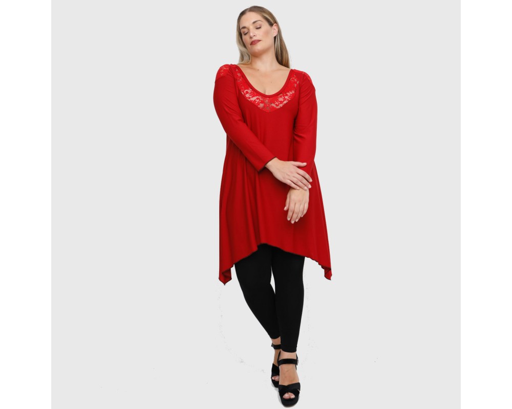 B22-182D Blousedress with lace on neck and shoulders - Dark red Plus Size