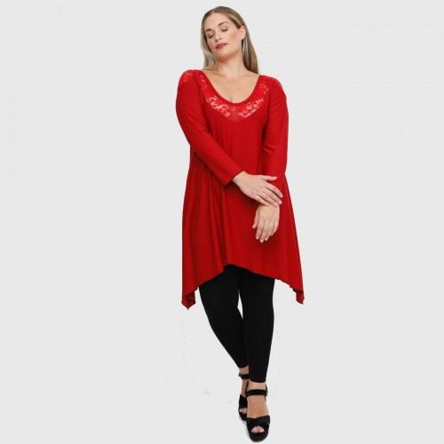 B22-182D Blousedress with lace on neck and shoulders - Dark red