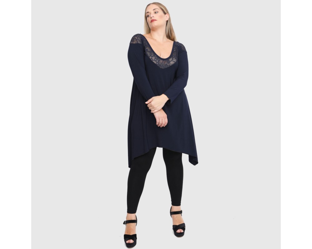 B22-182D Blousedress with lace on neck and shoulders - Navy Blue Plus Size