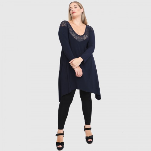 B22-182D Blousedress with lace on neck and shoulders - Navy Blue