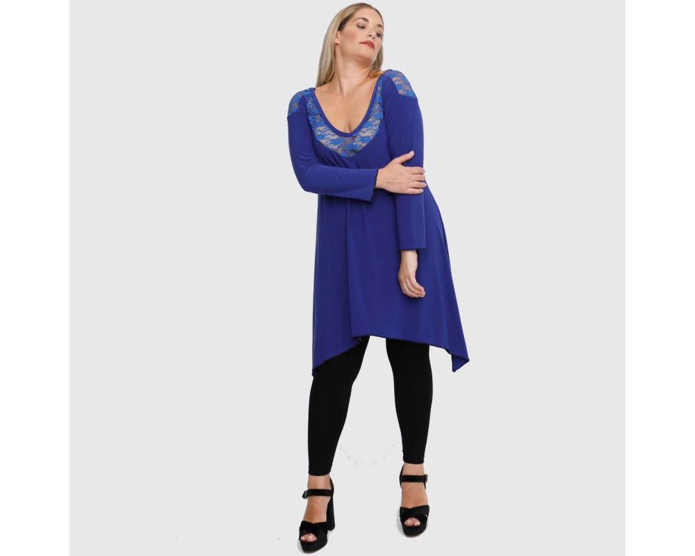 B22-182D Blousedress with lace on neck and shoulders - Royal Blue Plus Size