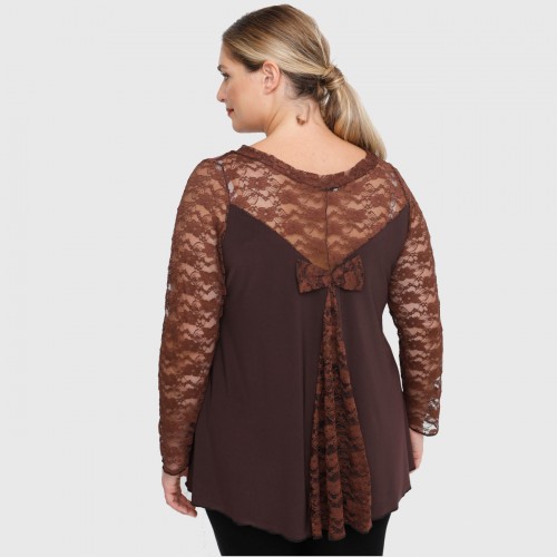 B22-189D Blouse with lace and bow on the back - Brown