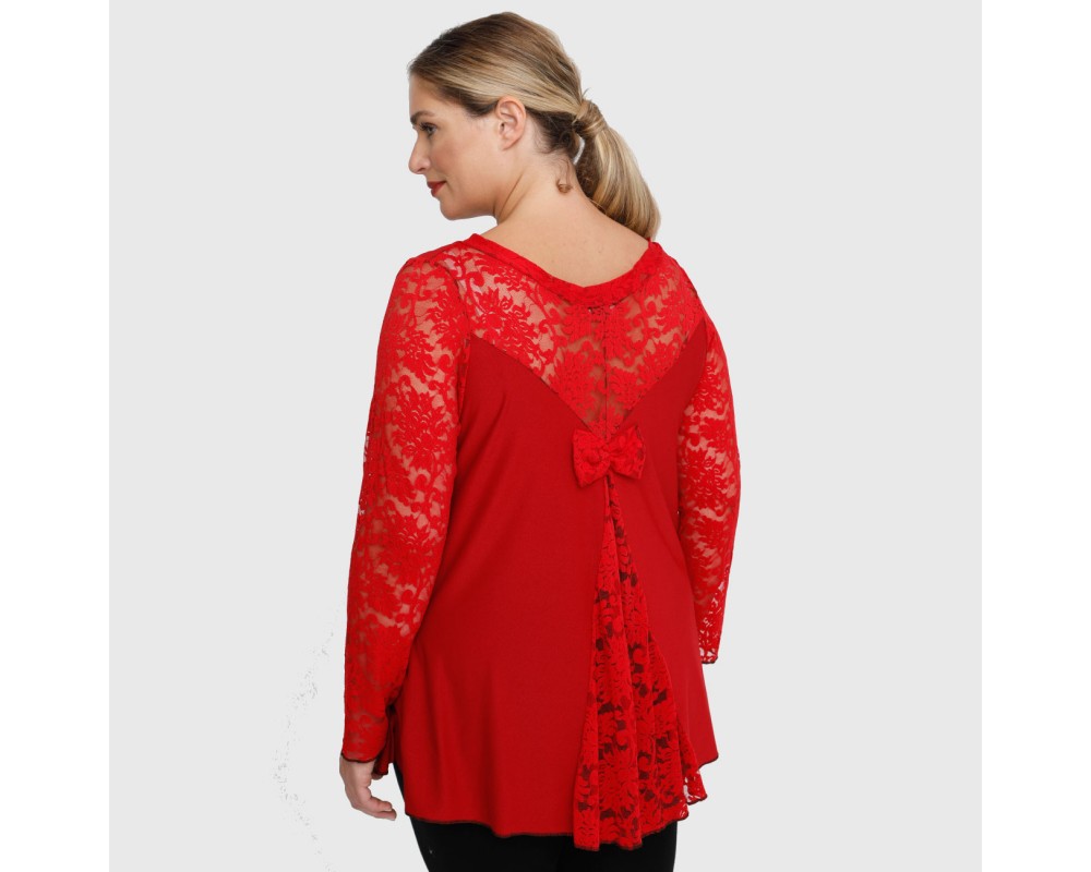 B22-189D Blouse with lace and bow on the back - Dark red Plus Size