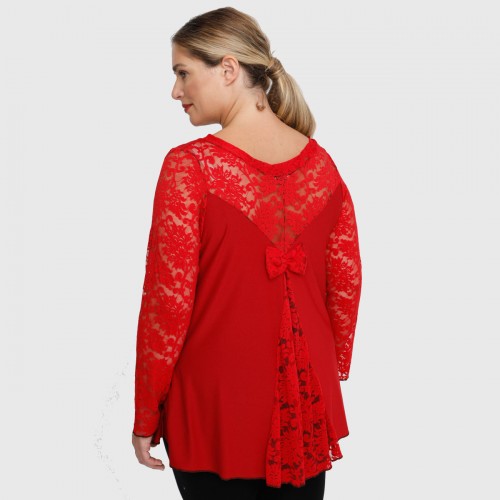 B22-189D Blouse with lace and bow on the back - Dark red