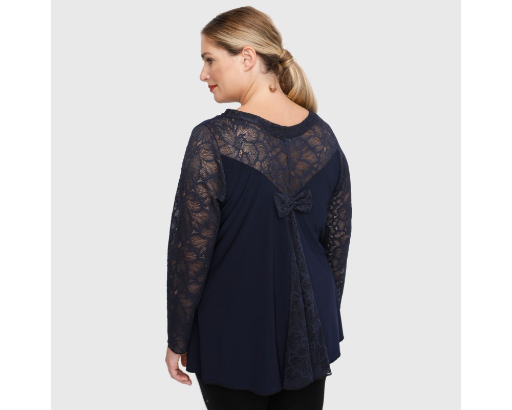 B22-189D Blouse with lace and bow on the back - Navy Blue Plus Size