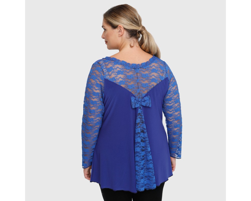 B22-189D Blouse with lace and bow on the back - Royal Blue Plus Size