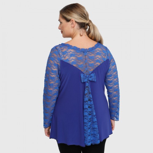 B22-189D Blouse with lace and bow on the back - Royal Blue