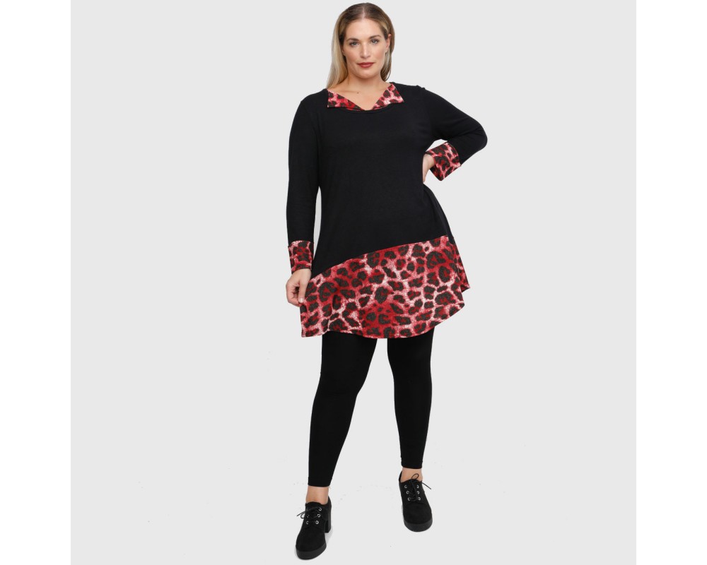 B22-2820 Knitted long blouse with printed sleeves, collar and bottom - Bordeaux Plus Size