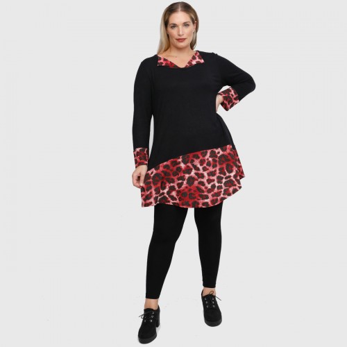 B22-2820 Knitted long blouse with printed sleeves, collar and bottom - Bordeaux