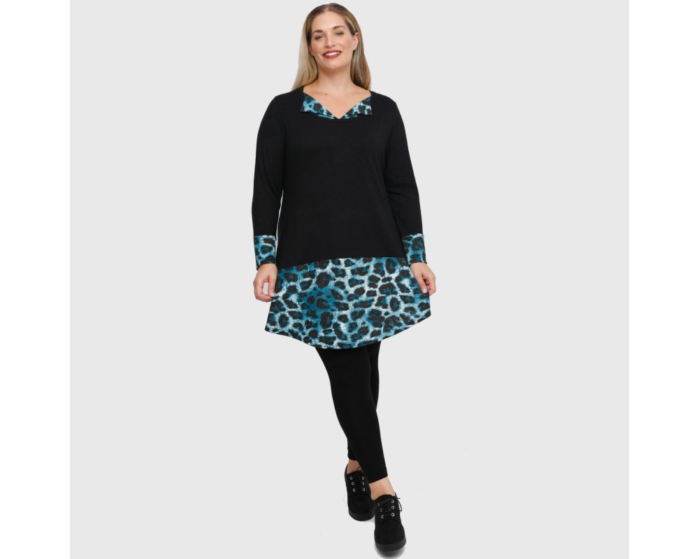 B22-2820 Knitted long blouse with printed sleeves, collar and bottom - Petrol Plus Size