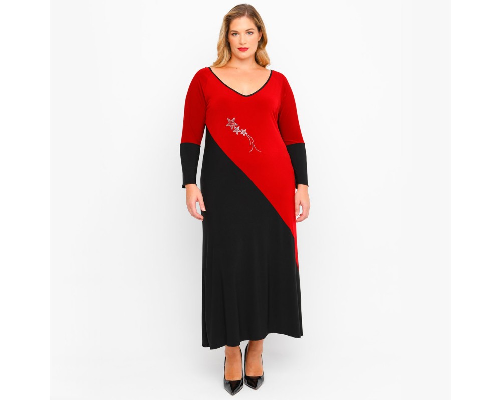 B23-3182FK Long dress with strass - Bordeaux Plus Size