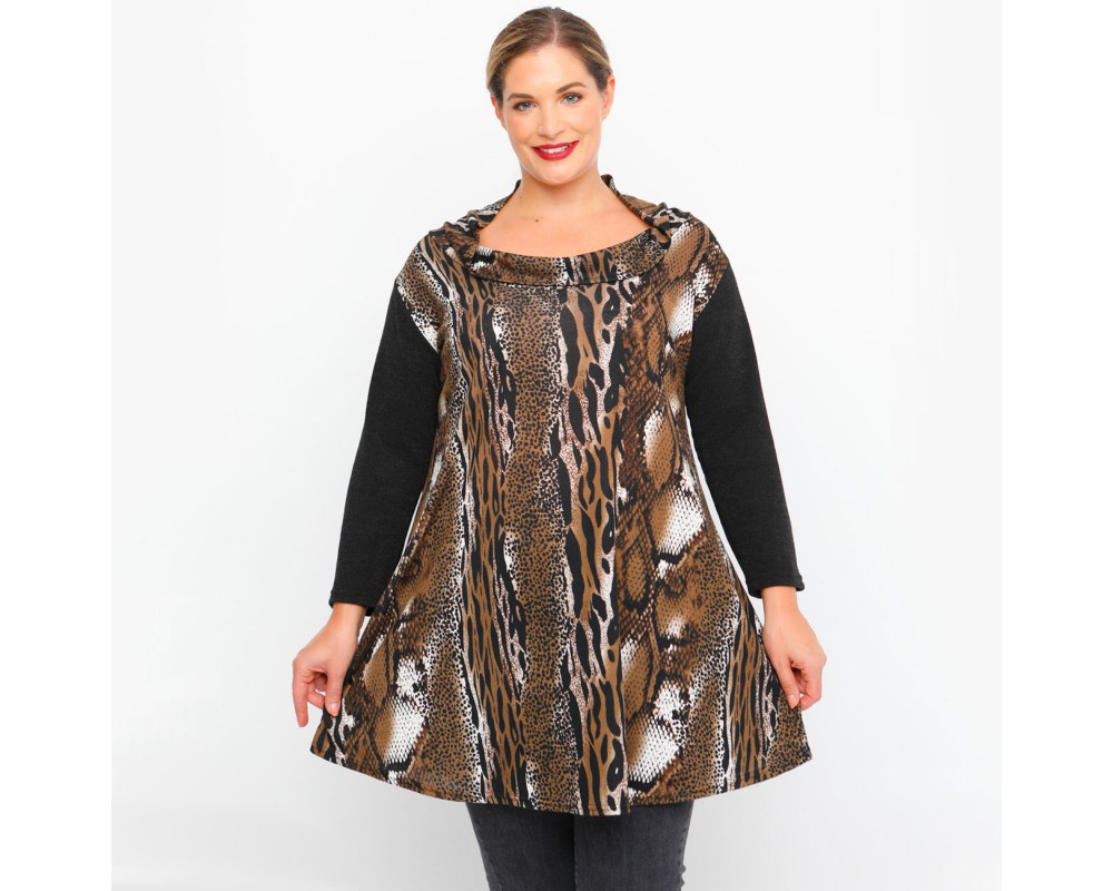 B23-9875 Blousedress with Pattern - Brown Plus Size